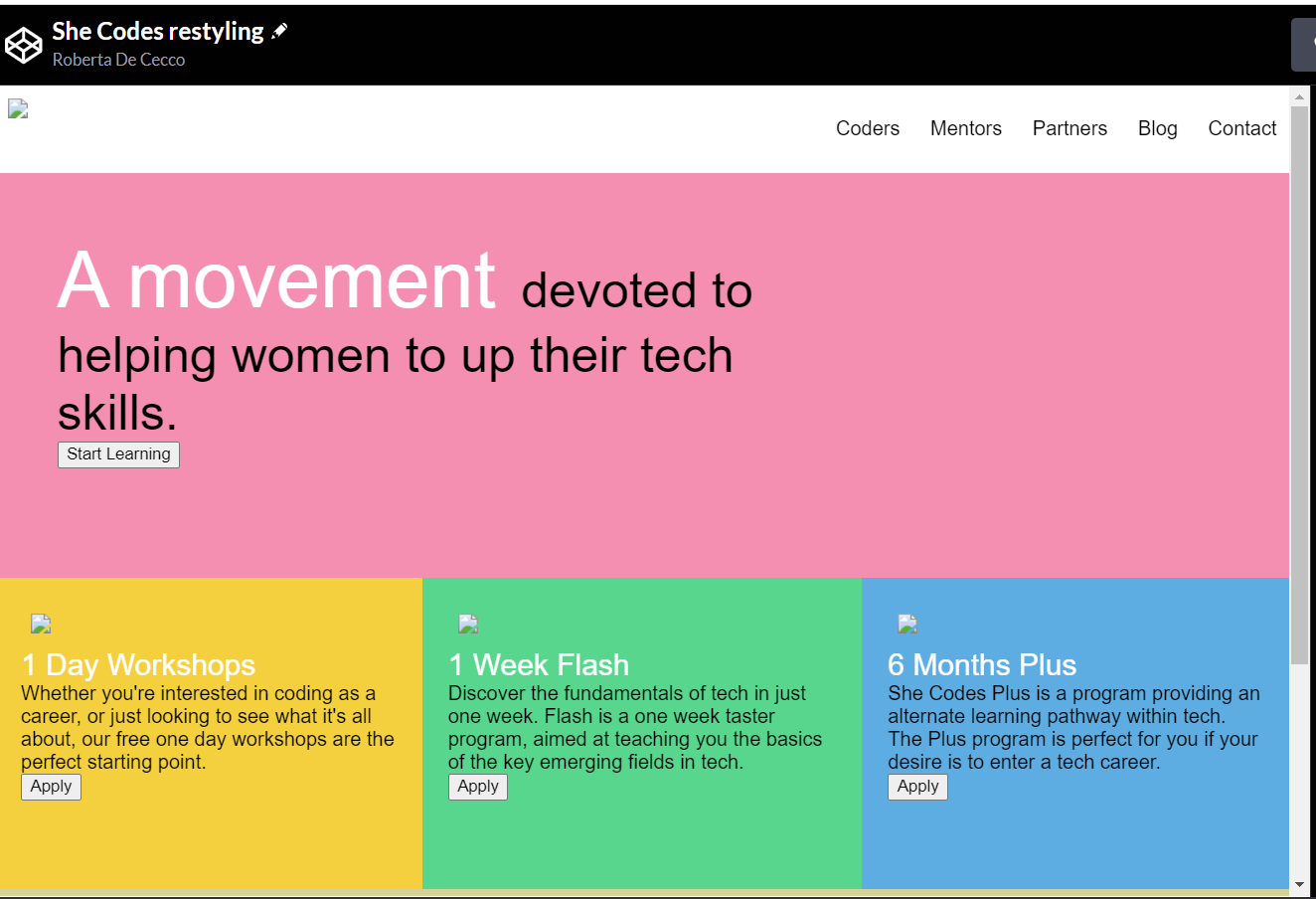 She Codes landing page restyling